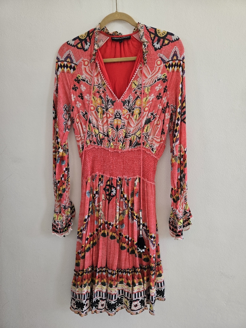HEMANT & NANDITA Bright Red Floral-Trim Boho Dress Size L